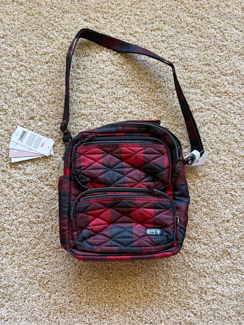 Lug Compass Crossbody Bag Buffalo Check Red Black RFID Quilted Travel Bag NWT